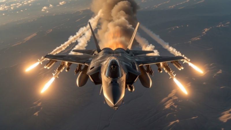 A military plane fires missiles. The sky is all around.